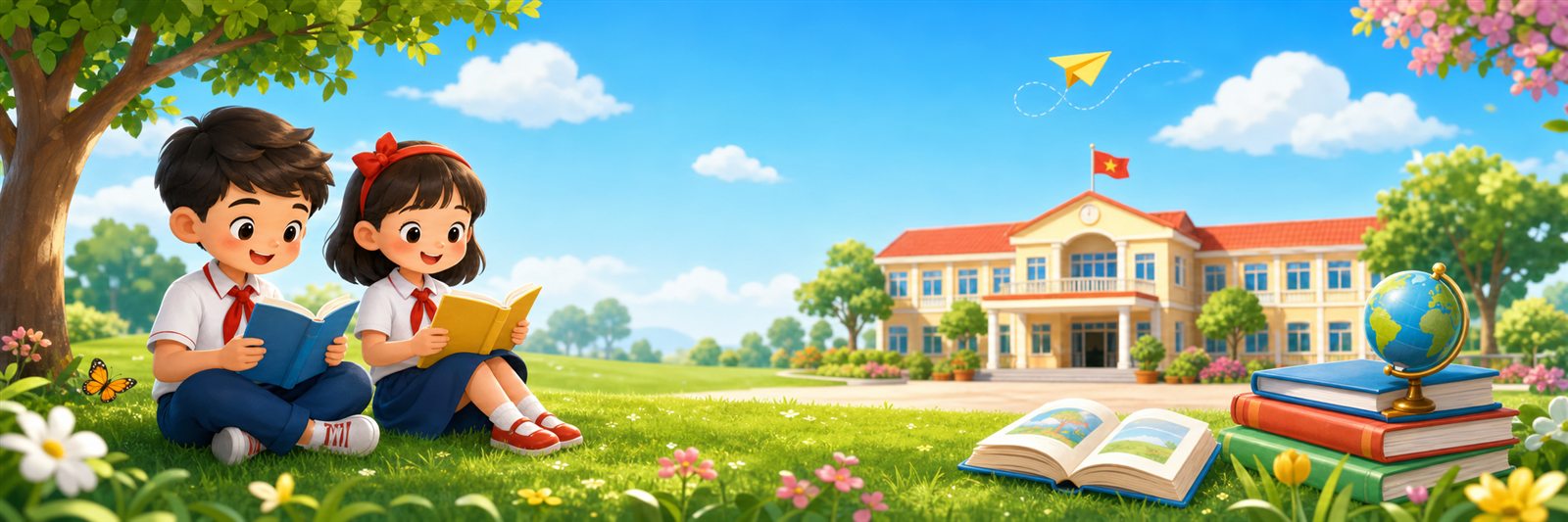 Học sinh vui đọc sách trong sân trường Kẻ Sặt